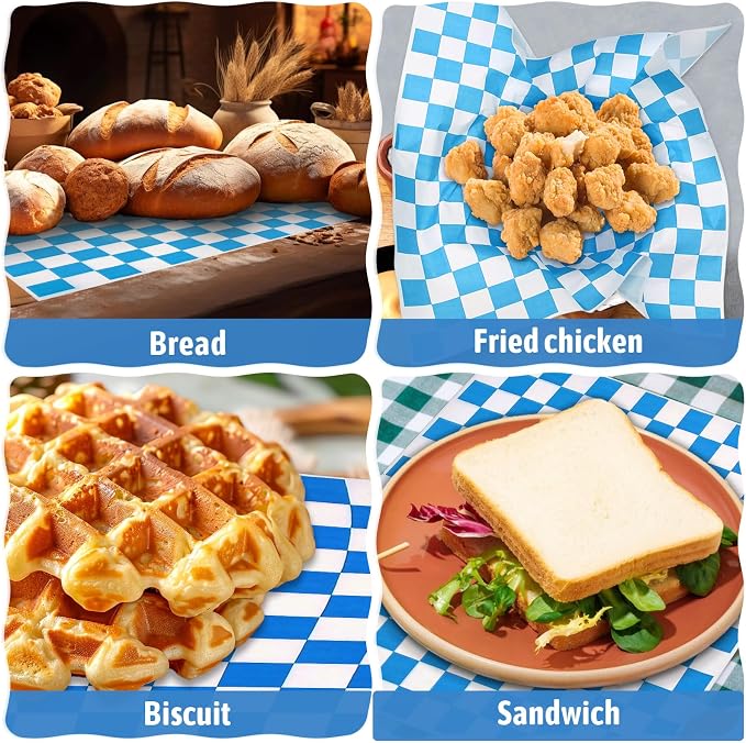 simarro 1000 Sheets Checkered Deli Paper Sheets, 12 x 12 Inch Grease Resistant Food Basket Liners Sandwich Paper Wraps for Restaurants Churches BBQs Picnic Party (Blue And White)