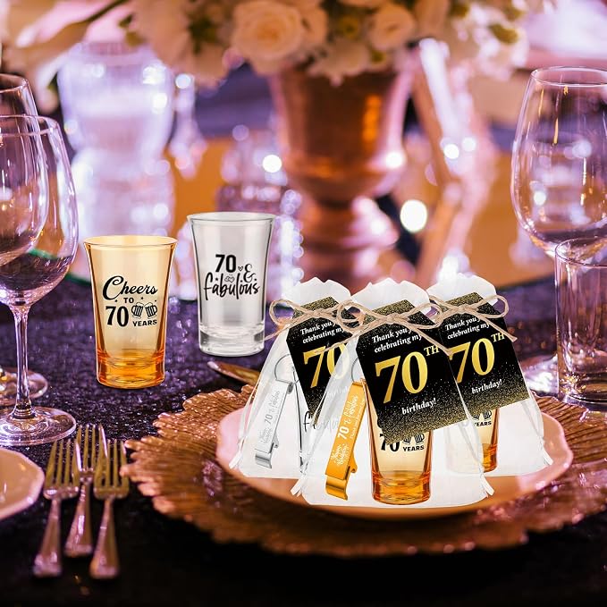 Domensi 50 Sets 70th Birthday Party for Guests Bulk Include Cheers to 70 Short Glasses Beer Bottle Opener Keychains Thank You Cards with Gift Bags and Ropes for Birthday Party Gifts