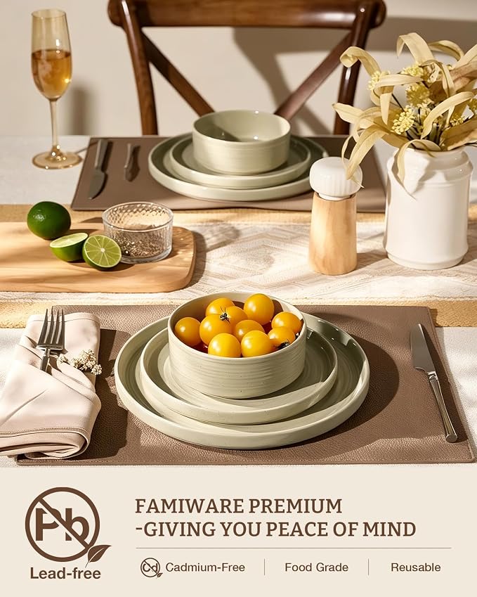 Stoneware Dinnerware Sets for 8, 24-Piece High Edge Plates and Bowls with Speckled Glaze & Spiral Design - Chip & Scratch Resistant, Microwave & Dishwasher Safe - Gift Box, Honey