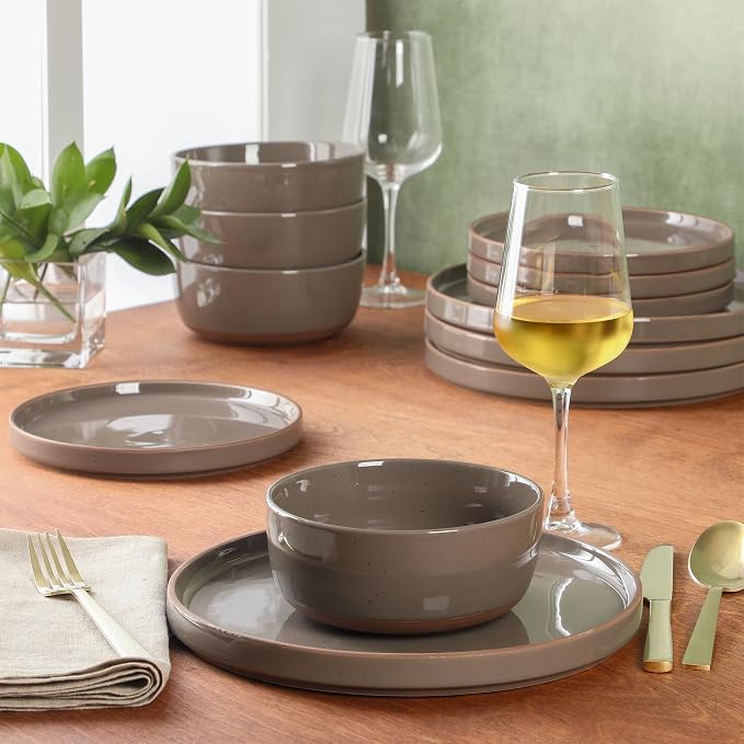 Gibson Elite Northrock Stoneware Dinnerware Set, 12-Piece Service for 4 Plates and Bowls Set – Gray Dishes with Hand-Painted Terracotta Base