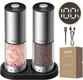 TOMEEM Rechargeable Electric Salt and Pepper Grinder Set, 115ml Large Capacity Stainless Steel Automatic Pepper Mill with Storage Base, LED Display and Light, 5 Adjustable Grind Settings
