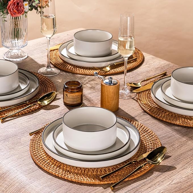 LERATIO Ceramic Dinnerware Sets for 4, High Edge Stoneware Plates and Bowls Set, Chip and Crack Resistant | Oven & Dishwasher & Microwave Safe Dishes Set, Service for 4
