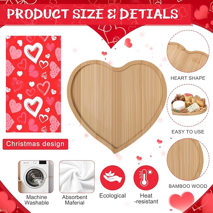 LemonRoad 6 Set Heart Board Gifts for Mother Bamboo Heart Charcuterie Board with Utensils Kitchen Towels Thank You Tags for Mother's Day Bridal Baby Shower Birthday Holiday Housewarming Party Favors