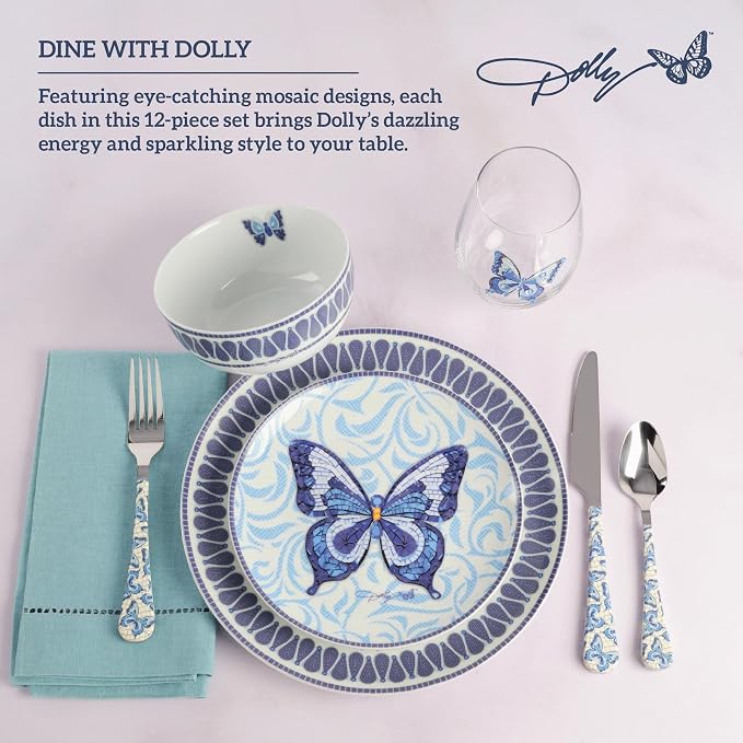 Dolly Parton 12 Piece Jeweled Mosaic Blue Butterfly Dinnerware Set Porcelain Dinner Plates Salad Plates Bowls, Service for 4, Microwave Dishwasher Safe