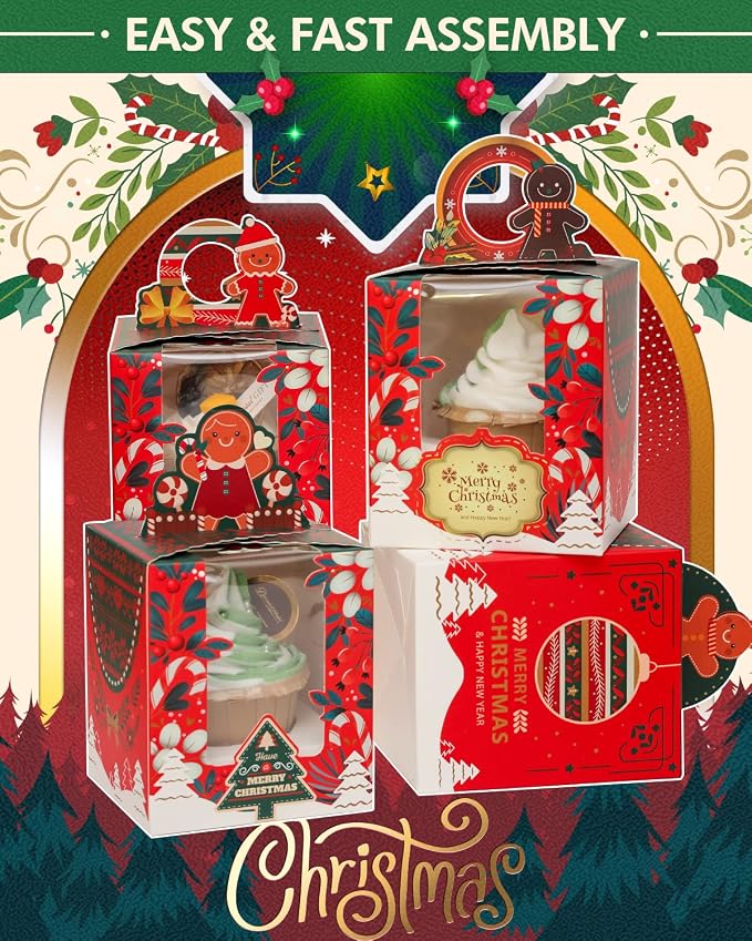 qiqee Christmas Individual Cupcake Boxes 50pcs Individual Cupcake Boxes with Window 3.7" 3.7"*4.5" Cupcake Box for Christmas