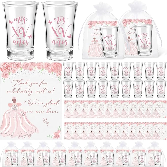 Havawish 25 Sets Quinceanera Party Favors for Guests Quinceanera Acrylic Clear Personalized Shot Glasses Thank You Cards with Organza Bags Mis Xv Años Sweet 15 Birthday Party Favors (Pink)