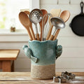 6.38“H Utensil Holder for Kitchen Counter, Modern Farmhouse Cooking Utensil Holder and Crock Home Kitchen Decor, Ceramic Utensil Organizer for Spatula, Ladle, Eggbeater, Rolling Pin- Blue and Brown
