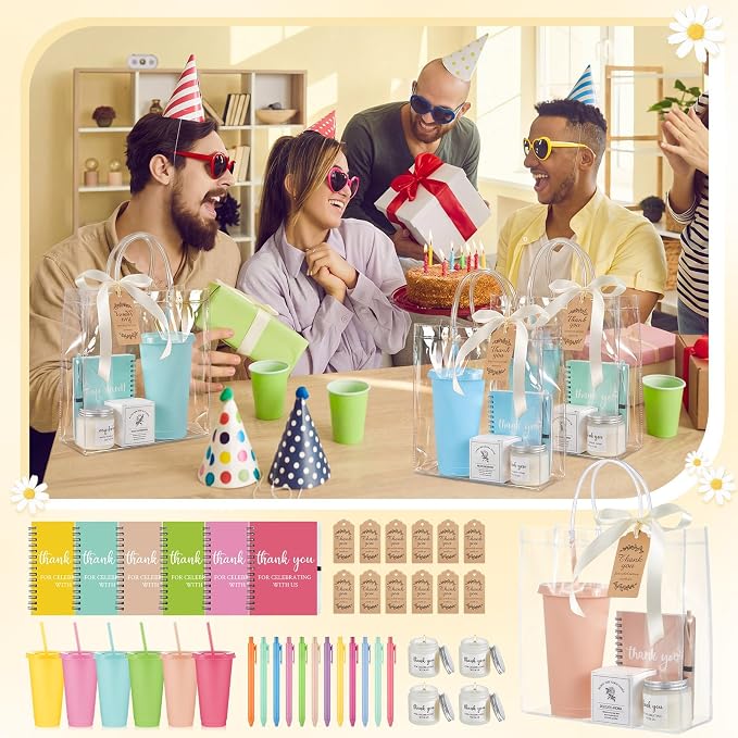 Nuogo 12 Sets New Parent Shower Prizes for Player Winners Adult, Wedding Bridal Shower Gift, Plastic Tumbler Notebook Scented Candle Ballpoint Pen Bag (Colorful,Classic Style)