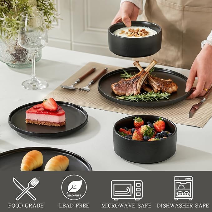 8 Inch Plates, Matte Black, Set of 4 | Matte Glaze Stoneware, Microwave Safe, Dishwasher Safe, For Salads & Desserts