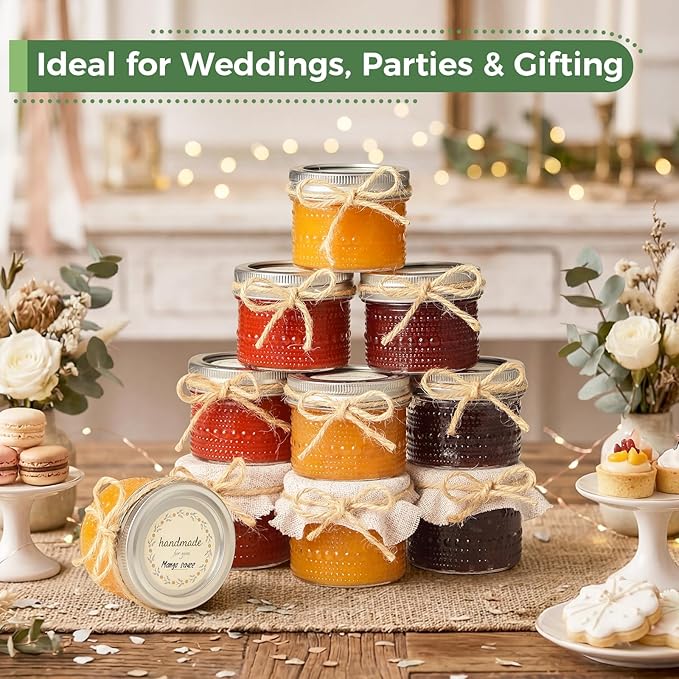 40 Pack Small Glass Jars with Lids - 4oz Vintage Embossed Mini Mason Jars ,Regular Mouth Mason Canning Jar with Seal Bands for Jam, Honey, Jelly, Dessert, Spice, Wedding Favors, DIY Candles Decor