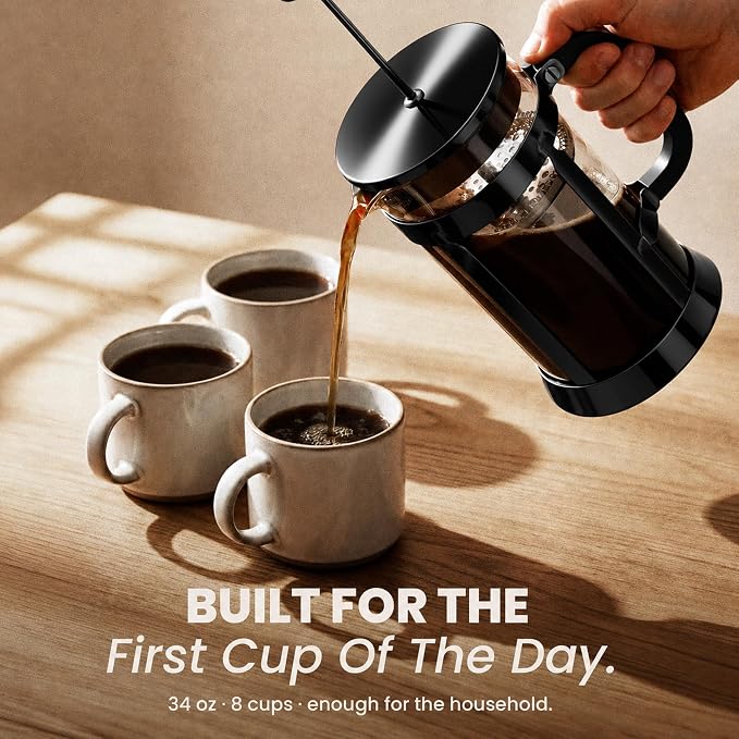 EzDtach French Press Coffee Maker 34oz Black – Borosilicate Glass Pot with 304 Grade Stainless Steel French Press, Double Filter and 2 Extra Screens for Rich, Full-Bodied Flavor at Home or Office