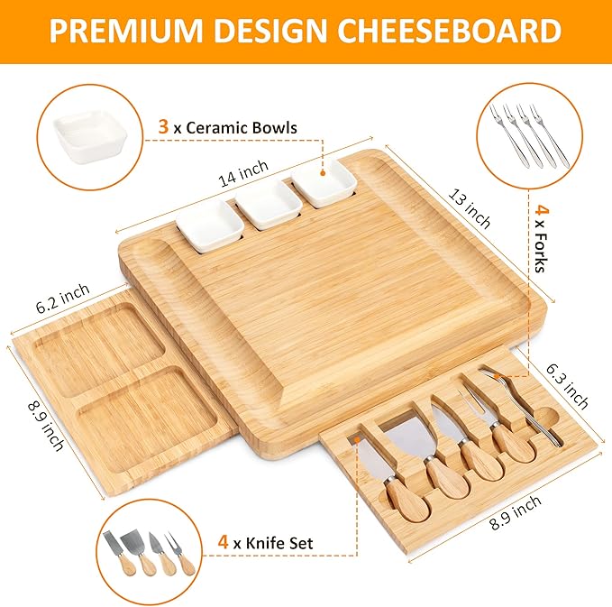 Charcuterie Board Set - FamRica Cheese Board with 2 Drawers, Bamboo Cheese Tray Serving - Unique, Wedding, Housewarming, Birthday Gifts