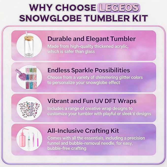 Snow Globe Tumbler Starter Kit, Snowglobe Tumbler Supplies–Includes 16oz Pre-Drilled Double Wall Acrylic Cups, UV DTF Cup Wraps Mixed Glitters Squeeze Bottle Funnel, Birthday Gifts for Girls Women