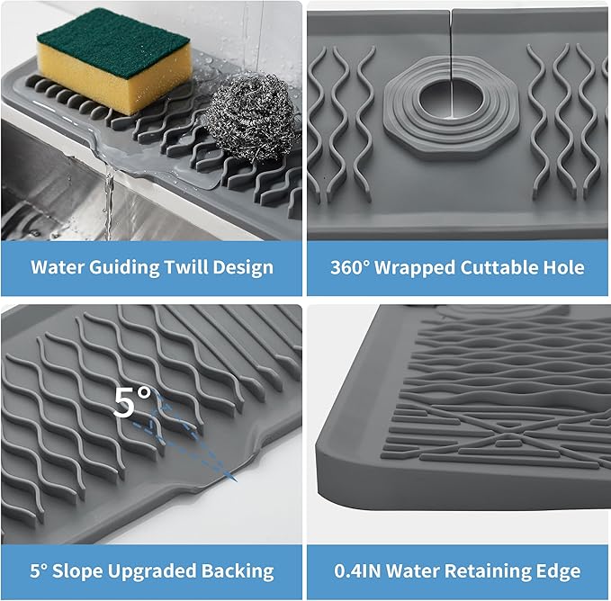 24 inch Silicone Splash Guard Kitchen Sink Gray Mat Dish Drying Mats Non-Slip Sponge Holder Bathroom Countertop Protect Kitchen Sink Splatter Screen Faucet Air Drying Mat Drip Catcher Tray