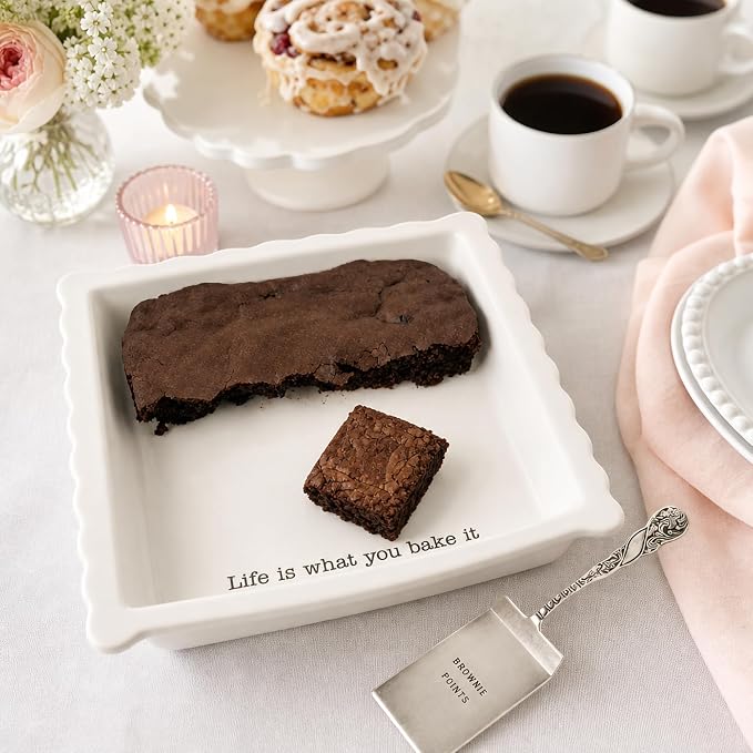 Mud Pie Ceramic Brownie Pan Set with Silverplate Server, Scalloped Brownie Baking Dish, Oven Safe Dishwasher Safe Bakeware, Perfect Brownie Pan for Desserts, Bars, Gifts, White