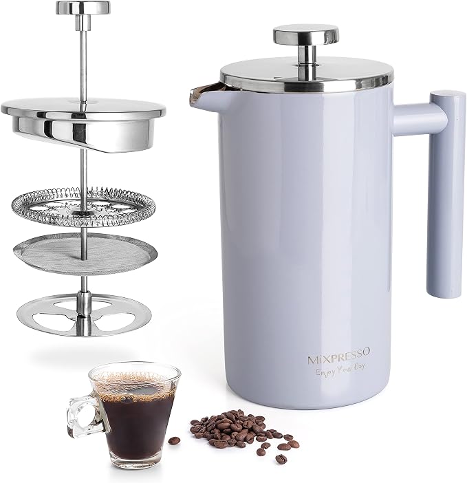 Mixpresso Light Blue Stainless Steel French Press Coffee Maker 26 Oz 770 ml, Double Wall Insulated French Press Stainless Steel, Easy Clean Tea Brewer, Easy Press Durable Metal Coffee Press