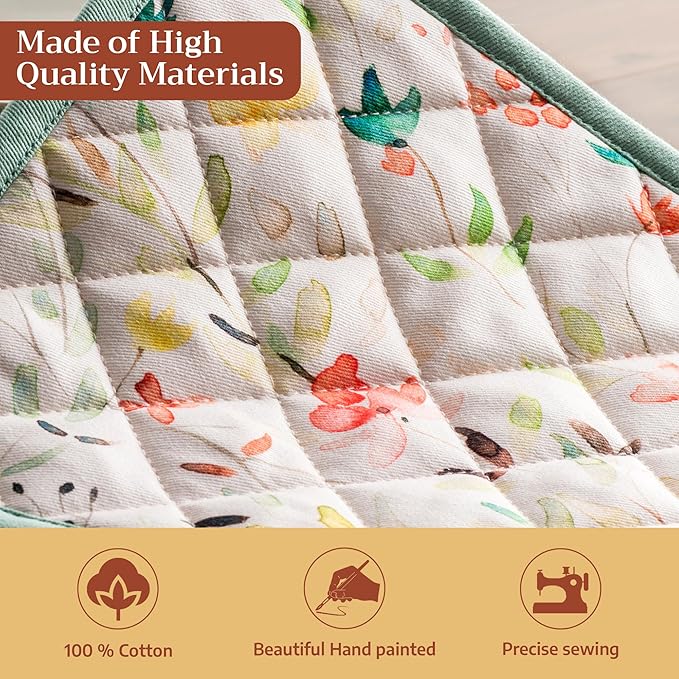 Maison d' Hermine Pot Holders 100% Cotton Heat Resistant Potholders 8" x 8" Hot Pads with Loop BBQ Cooking Baking Gifts for Mothers Day Handling Hot Pans Spring/Summer (Pack of 2, Colmar)