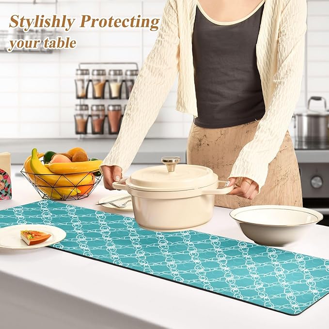 2 in 1 Table Runner Trivet for Hot Pots and Pans Heat Resistant Non Slip Waterproof 39 x 12 Inch Decorative Table Protector for Kitchen Countertop Teal Geometric Latticework