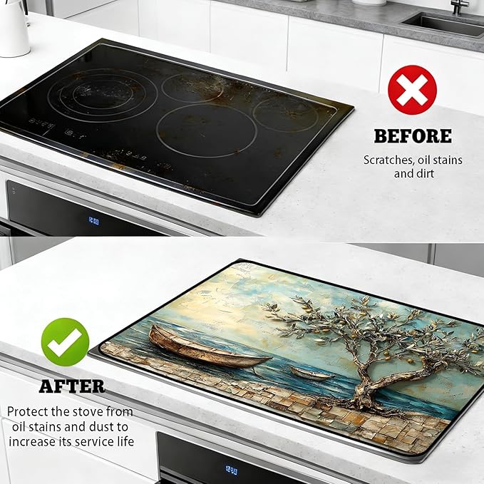 Stove Top Cover for Electric Stove, Vintage Farmhouse Style Glass Cooktop Protector, Multi-functional Kitchen Counter & Washer Top Cover