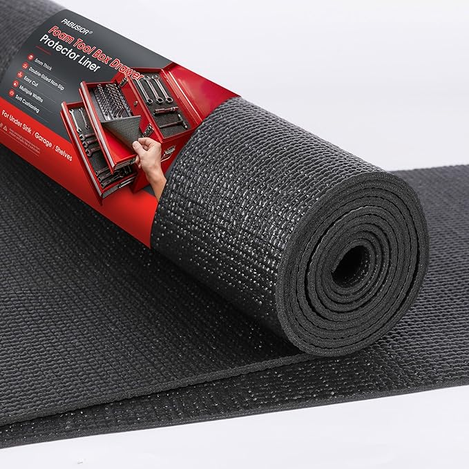 PABUSIOR Thick Toolbox Drawer Liners: Non Slip Heavy Duty Tool Box Foam Shelf Liner - Black Strong Grip Cabinet Protector Mat for Garage Shelves 12" W x 197" L