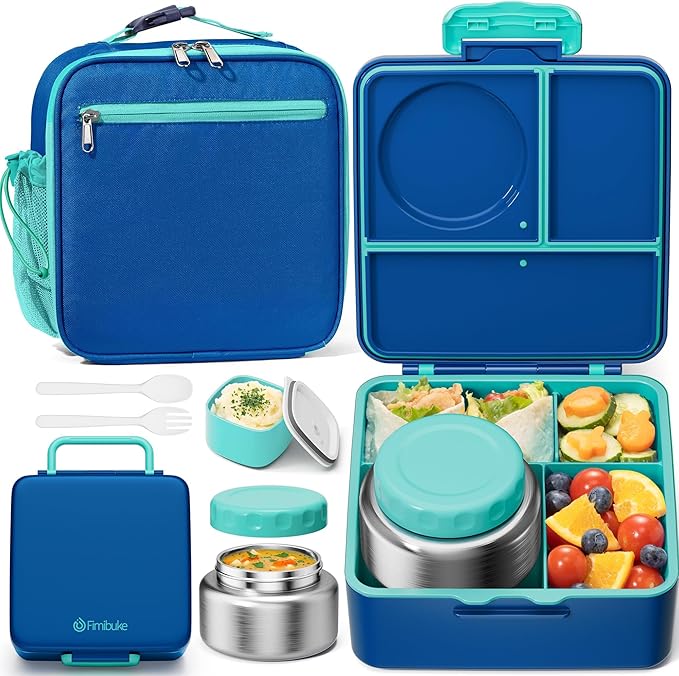 Fimibuke Kids Bento Lunch Box with Thermo, Leakproof Toddler Bento Box with 8.5OZ Insulated Food Jar, Lunch Bag & Utensils BPA Free Dishwasher Safe 3 or 4 Compartment Container for School Girls Boys