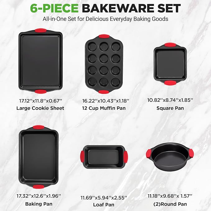 NutriChef Baking Pans Set - 6 Piece Bakeware with Nonstick Carbon Steel for Easy Release and Cleanup, Durable and Versatile Design, Includes Cookie Sheet, Loaf Pan, Muffin Tin & More