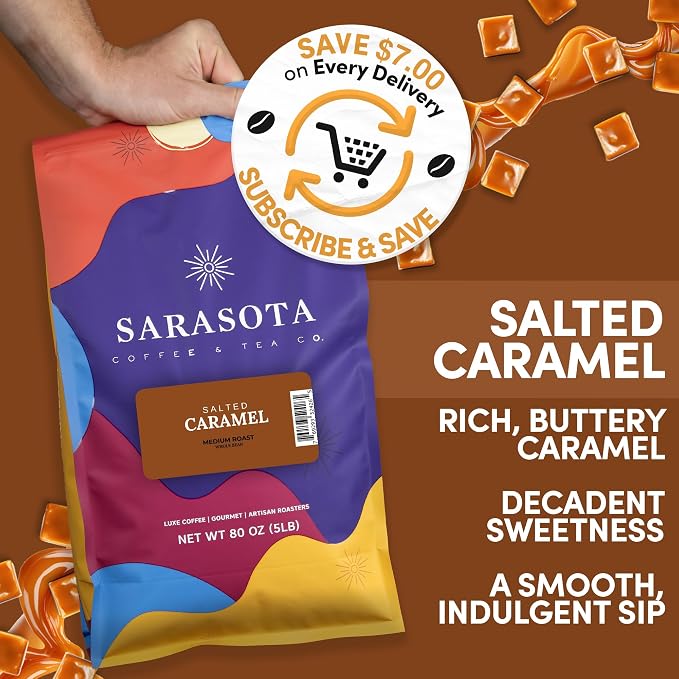 Sarasota Coffee Whole Bean Salted Caramel | Medium Roast Gourmet Flavored Coffee Beans | Low Acid, Mold Free, Specialty Grade Bulk Beans | 5lb (80 oz)