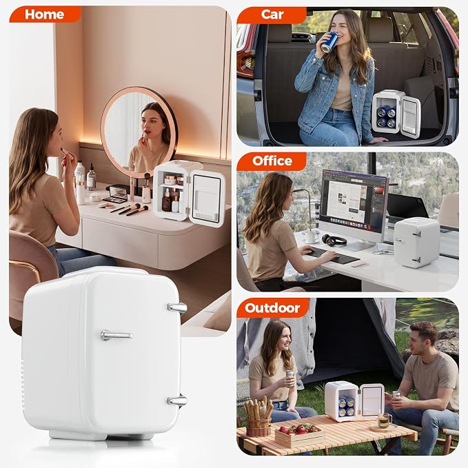Mini Fridge for Bedroom - 4 Liter/6 Can Mini Makeup Fridge, 110V AC/ 12V DC Portable Thermoelectric Cooler&Warmer for Skincare, Drink, Cosmetic, Medicine, Small fridge for Bedroom, Office, Dorm, Car