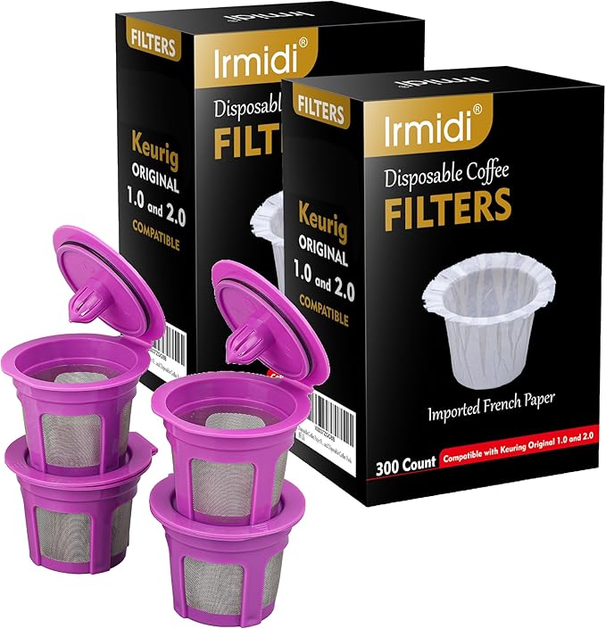 Irmidi 600 Count Disposable Paper Coffee Filters with 4 Pack Reusable K Cups, Compatible with Keurig 2.0 and 1.0 Coffee Maker
