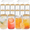 16 Pcs Glass Cups with Bamboo Lids and Straws - 16oz Glass Tumbler, Iced Coffee Cup, Can Shaped Drinking Glasses for Coffee, Tea, Smoothie, Juice, Cocktail Include Cleaning Brushes & Boxes