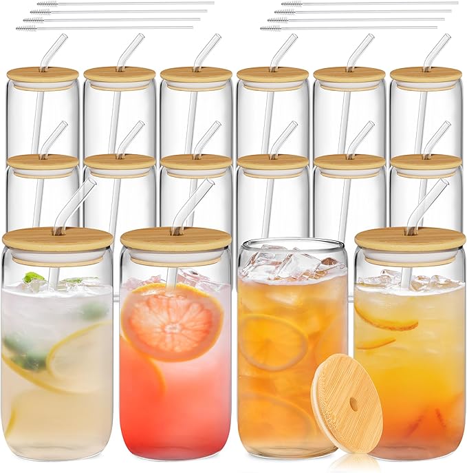 16 Pcs Glass Cups with Bamboo Lids and Straws - 16oz Glass Tumbler, Iced Coffee Cup, Can Shaped Drinking Glasses for Coffee, Tea, Smoothie, Juice, Cocktail Include Cleaning Brushes & Boxes