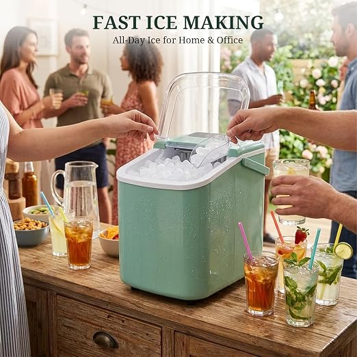 Ice Maker Countertop, Portable Ice Machine with Handle, Basket & Scoop, 26Lbs/24Hrs, 9 Bullet Ice Cubes Ready in 6–8 Mins, 2 Ice Sizes, Self-Cleaning, Quiet Compact for Home Kitchen Office RV Camping