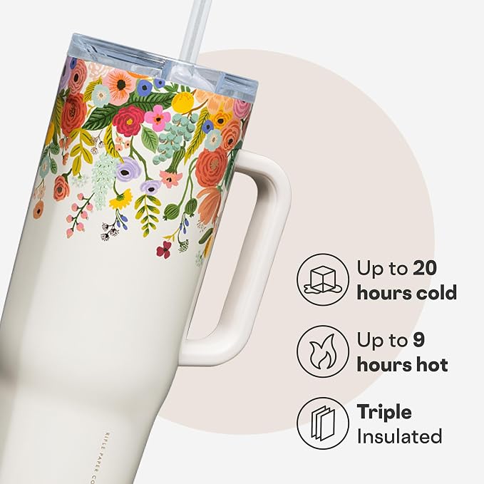 Corkcicle x Rifle Paper Co. Cruiser Insulated Tumbler with Handle & Straw - Keeps Drinks Cold 20 Hours - BPA-Free - Gift for Mom - Great for Mother's Day or Christmas - 40 oz - Garden Party Cream