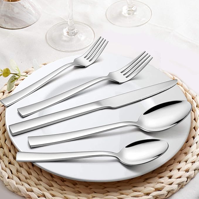 LIANYU 60-Piece Silverware Flatware Set with Organizer Tray, Stainless Steel Square Cutlery Set for 12, Reusable Eating Utensils Tableware, Dishwasher Safe