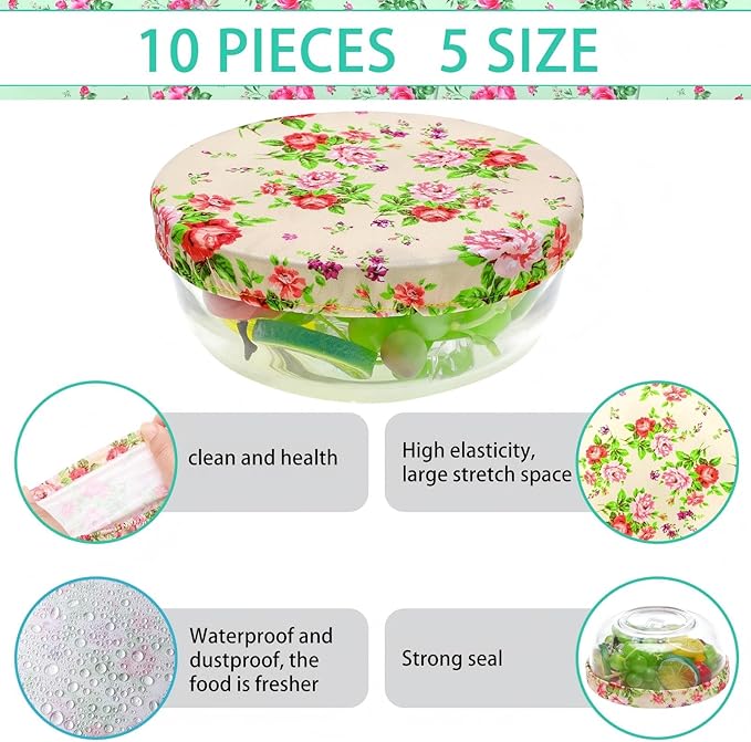 Patelai 10 Pcs Bowl Covers Reusable in 5 Size Stretch Cloth Fabric Elastic Food Storage Bowl Covers Bread Sourdough Lids for Proofing Food Fruits Leftover(Red, Pink, Green,Floral Style)