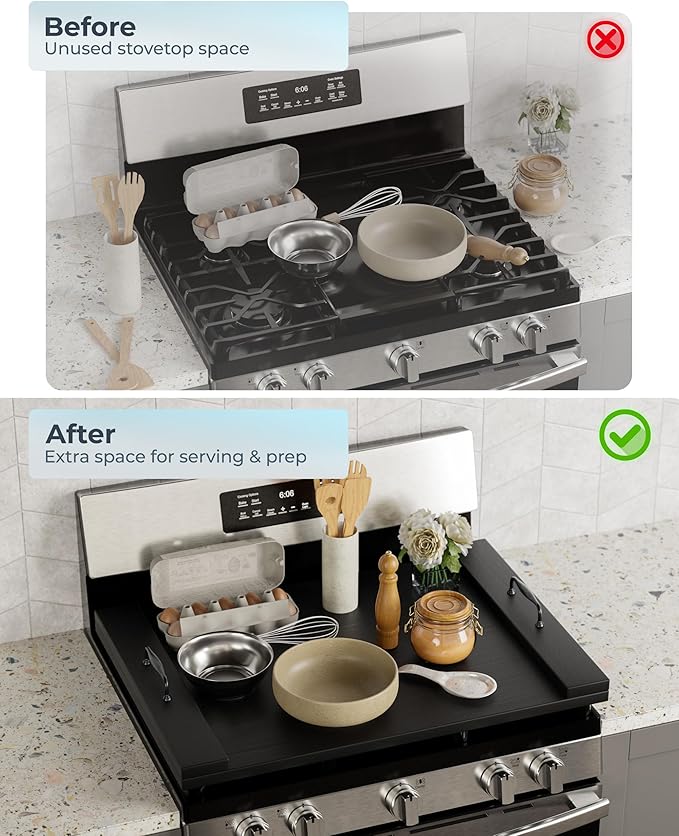BLUEWEST Gas Stove Burner Covers, Wooden Noodle Board Stove Cover, Wooden Electric Stove Top Cover for Counter Space with Handle, Extra Thick Natural Acacia Wood Durable Serving Tray (Black)