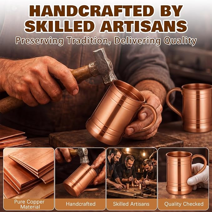Willinglong 2 Pcs Pure Copper Tumbler with Handle, 18 oz Moscow Mule Mug Copper Cups for Drinking, Coffee Mugs Vessel for Family Health Water, Iced Coffee Tea Cocktails Home Bar Camping