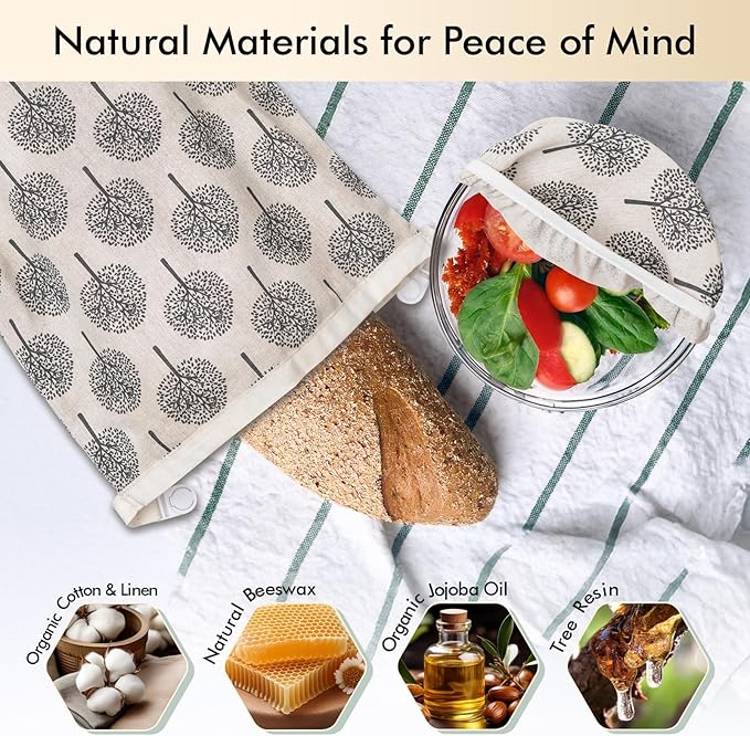 Beeswax Bread Bag & Dough Proofing Bowl Cover Set, Reusable Sourdough Bread Storage Bags, Freezer Safe Bakery Essentials for Homemade Bread