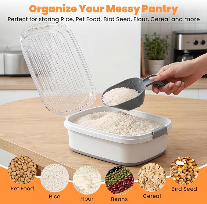 50 Lbs Rice Storage Container with Wheels, Collapsible Airtight Rice Holder with Transparent Lid, Measuring Cup, Scoop, Handle, BPA Free Food Storage Container for Pet Food, Grain, Bird Seed