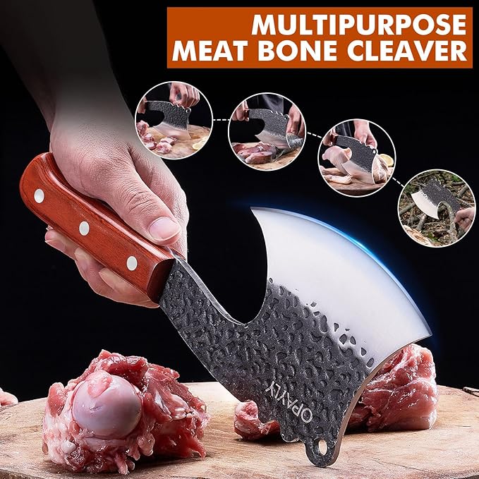 OPAYLY Meat Bone Cleaver Knife Heavy Duty Bone Choppe for Meat Cutting Hand Forged Butcher Axes with Cover cleavers High Carbon meat cleaver for Kitchen Outdoor Camping BBQ gifts for men