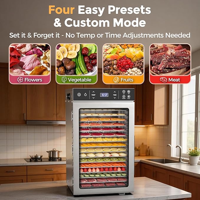 Suteck Food Dehydrator with 16 Stainless Steel Trays, 800W Dehydrator Machine with Dual Fans & 360° Airflow, Digital Temp & Time Control with 4 Presets, Quiet Food Dryer for Jerky, Fruit, Flower, Meat