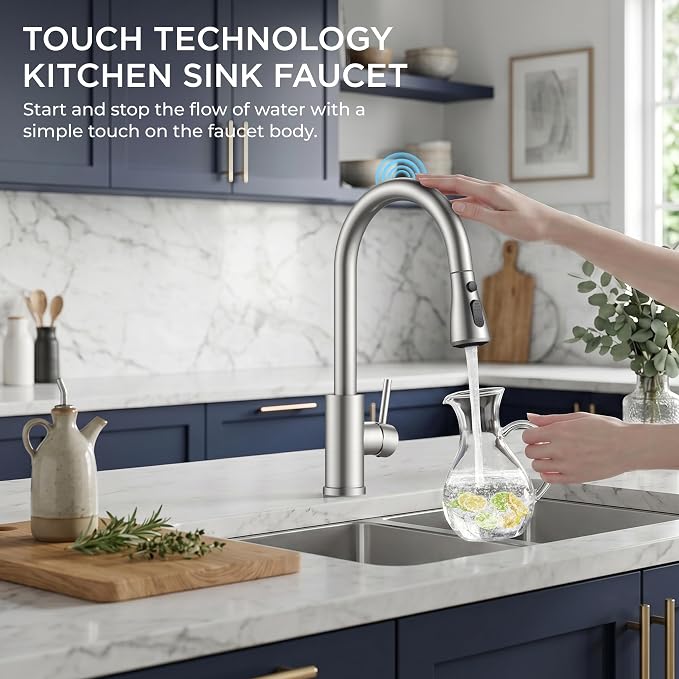 FORIOUS Touch Activated Kitchen Faucets Pull Down Sprayer, Brushed Nickel | High Arc Kitchen Sink Faucet with Deck Plate, Stainless Steel, Single Hole, Single Handle, Fit for RV Bar Farmhouse Laundry