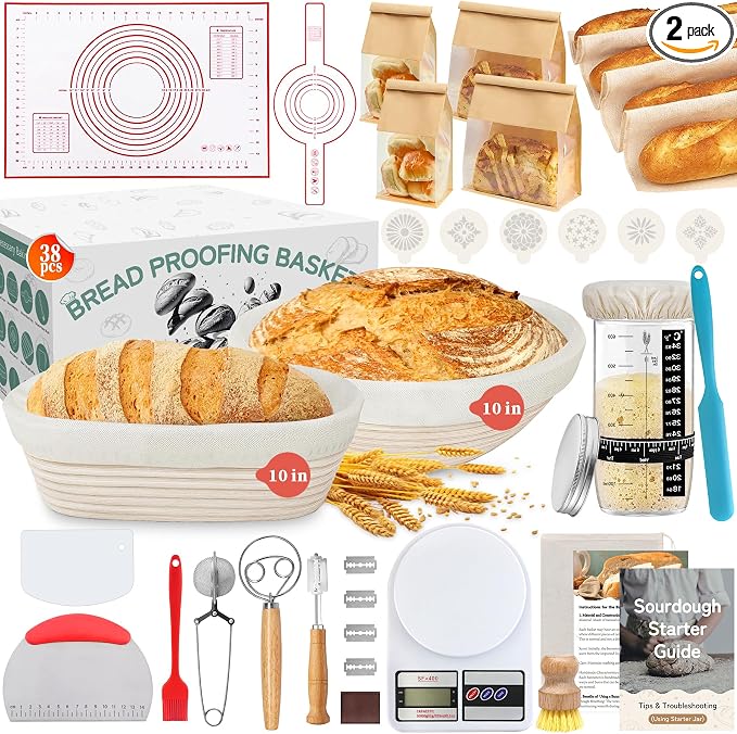 Aliggbent 38Pcs Sourdough Bread Baking Supplies, 10'' Round & Oval Banneton Bread Proofing Baskets with 24 oz Sourdough Starter Jar Kit, Digital Scale, Bags & Bread Making Tools Kit for Artisan Baking