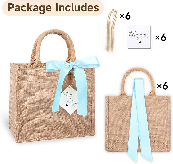 6 Pack Burlap Tote Bags with Handles Reusable Medium Jute Gift Bags with Blue Silk Ribbons Waterproof Lining for Wedding Bridesmaid Mother's Day Bachelorette Beach Party