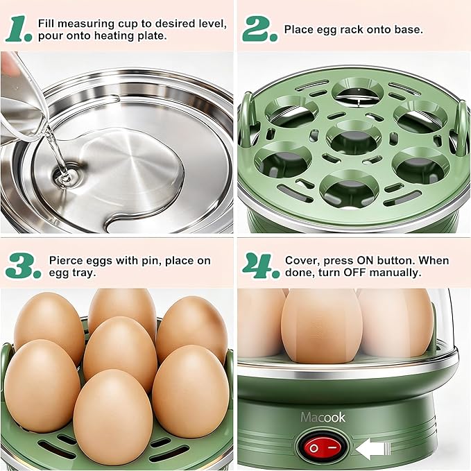 Macook Electric Egg Cooker for Easter, 7 Egg Capacity with Auto Shut-Off, Spring Green Hard Boiled Egg Maker, Ideal Easter Gift for Egg Decorating, Includes Measuring Cup