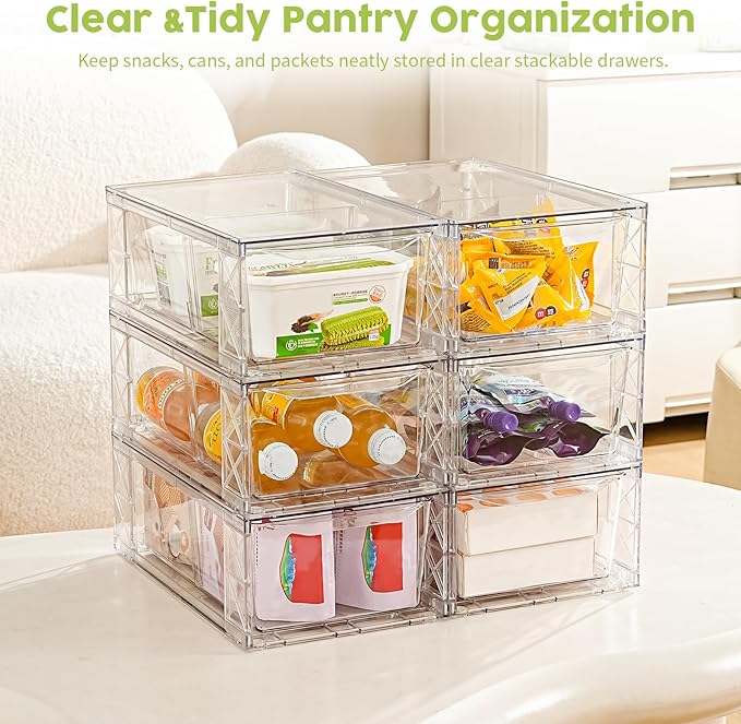 Plastic Drawers Storage, 6Pack Clear Stackable Storage Drawers, Acrylic Storage Bins with Drawers for Fridge Organizers, PlasticDrawers Stackable for Makeup Organizers Cosmetic Display, Medium