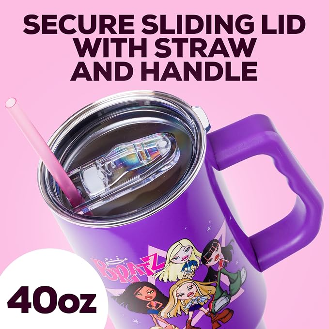 Silver Buffalo Bratz Featuring Cloe, Yasmin, Jade, and Sasha Double Walled Stainless Steel Tumbler with Handle and Straw, Fits in Standard Cup Holder, 40 Ounces