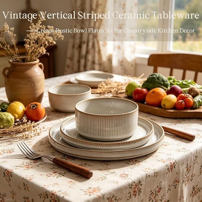 Dinnerware Sets, Plates and Bowls Set for 4, 12 Pieces Ribbed Dishes,Stoneware plates,Plates and Bowls Set for 4, Microwave and Dishwasher Safe Tableware