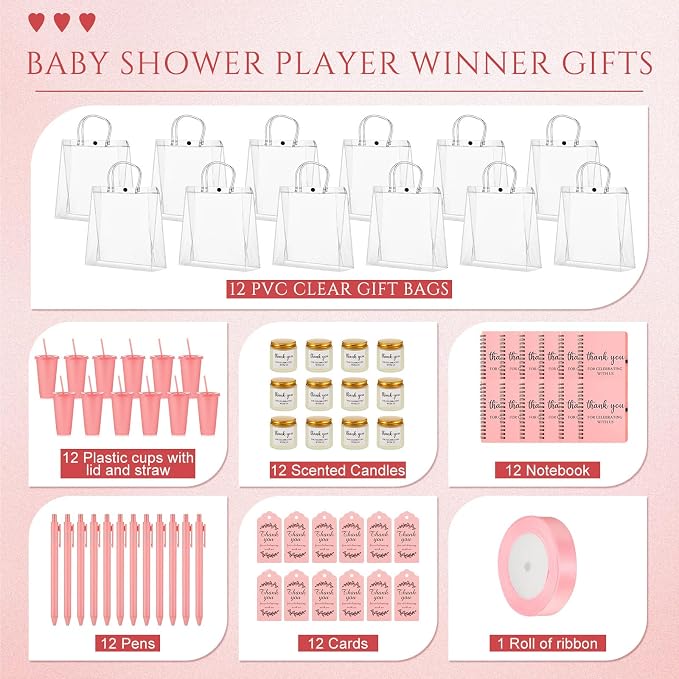 Nuogo 12 Sets New Parent Shower Prizes for Player Winners Adult, Wedding Bridal Shower Gift, Plastic Tumbler Notebook Scented Candle Ballpoint Pen Bag (Pink Color,Classic Style)