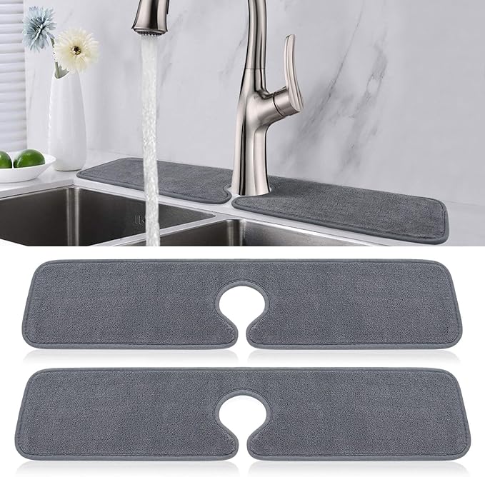 PoYang 2 Pack Faucet Mat for Kitchen Sink Splash Guard Long: Super Absorbent Microfiber Sink Water Splash Guard Behind Kitchen Faucet Mat for Bathroom, RV Protector, Machine Washable 24'' x 5.1''